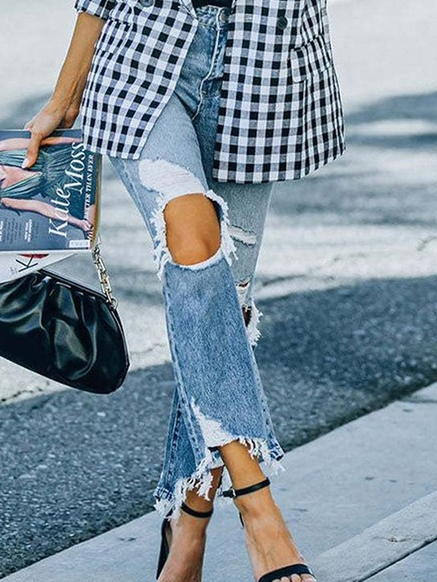 Ripped Jeans Knee-exposed Tight High Waist Jeans For Women