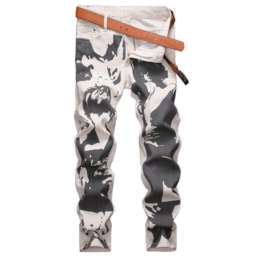 Men's Shark White Printed Black Jeans