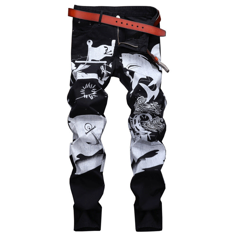 Men's Shark White Printed Black Jeans