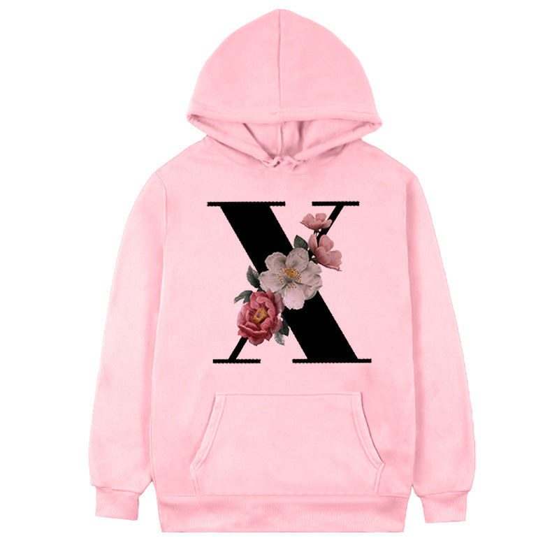 Women's 26-letter Flowers Printed Fleece Hoodie