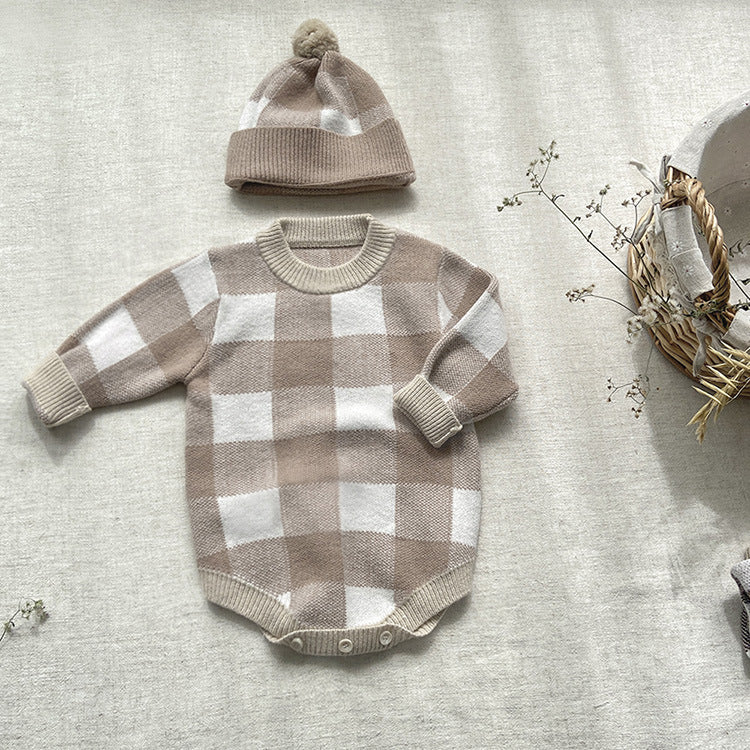 Baby Sweater Checkerboard Jumpsuit With Hat