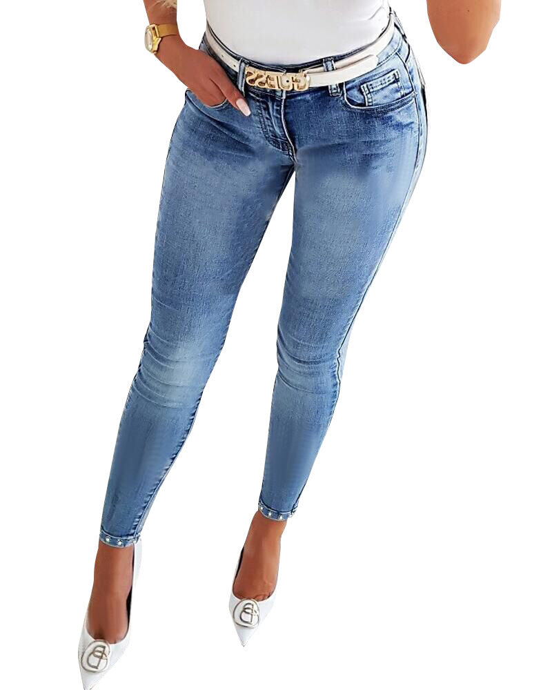 Women's Jeans Trendy High Waist Beaded Skinny Pants