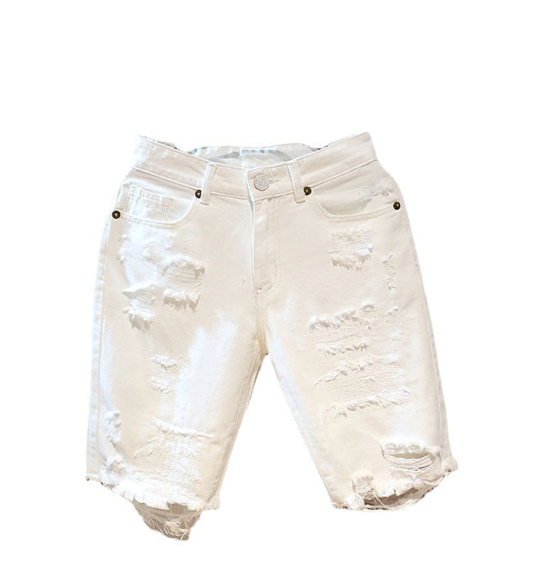 White Summer New Five-point Men's Ripped Shorts Loose Straight