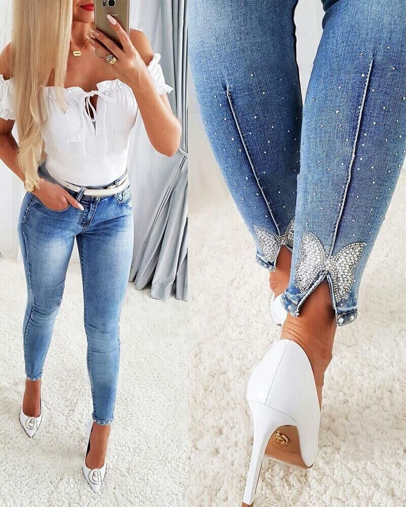 Women's Jeans Trendy High Waist Beaded Skinny Pants