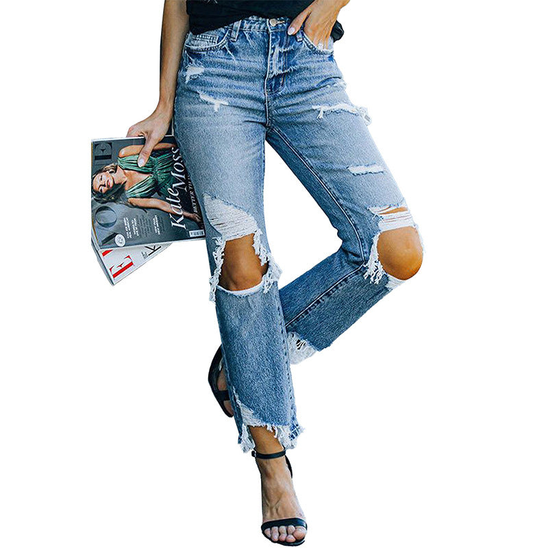 Ripped Jeans Knee-exposed Tight High Waist Jeans For Women