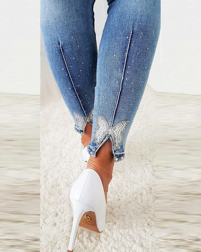 Women's Jeans Trendy High Waist Beaded Skinny Pants
