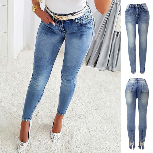 Women's Jeans Trendy High Waist Beaded Skinny Pants