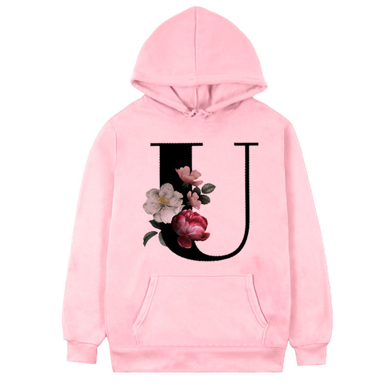 Women's 26-letter Flowers Printed Fleece Hoodie