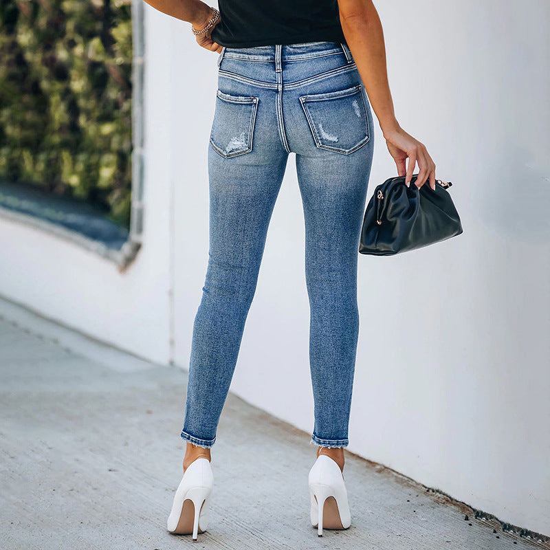 Slim Hole High Elasticity Women's Denim Jeans