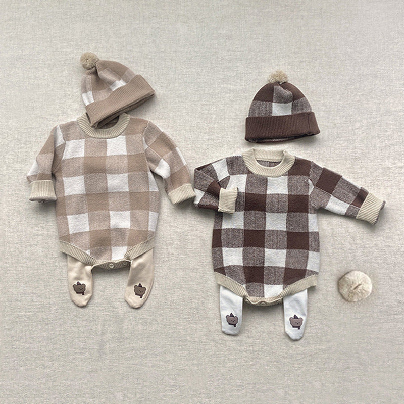 Baby Sweater Checkerboard Jumpsuit With Hat