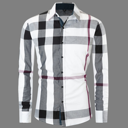 Mens Cotton Long-sleeved Plaid Shirt