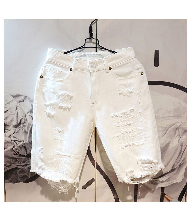 White Summer New Five-point Men's Ripped Shorts Loose Straight